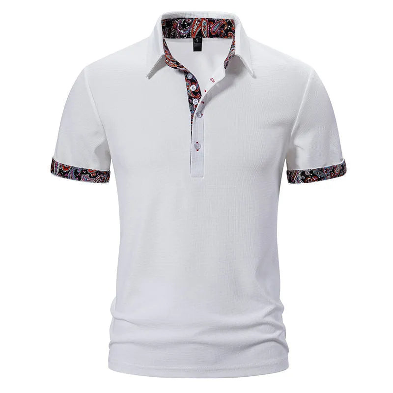 Men's navy blue polo shirt with white contrast stitching on the collar and short sleeves.