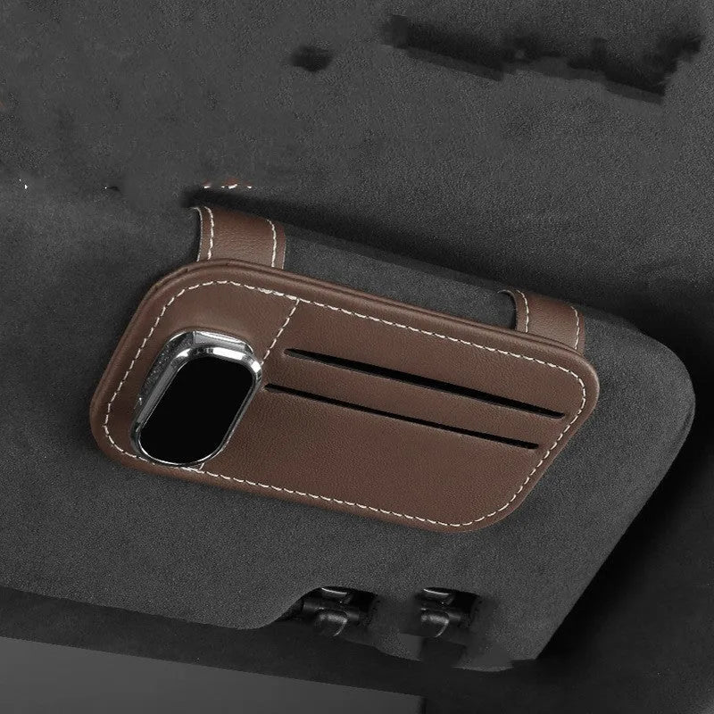 Cowhide leather automotive sun louver card holder with sunglasses clip in multiple colour options