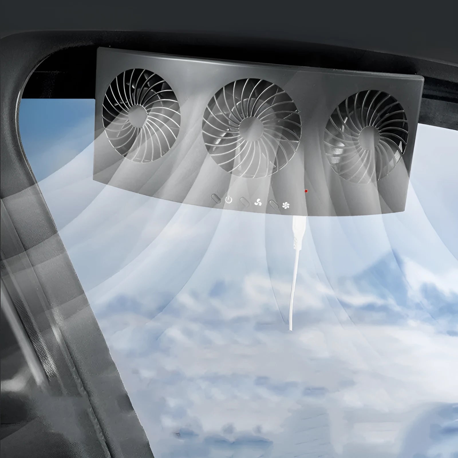 Black and white USB car ventilation fan for cabin air circulation