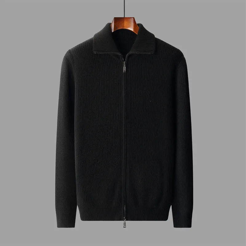Pure wool zipper cardigan for men in dark gray, long sleeves, lapel collar, front zipper
