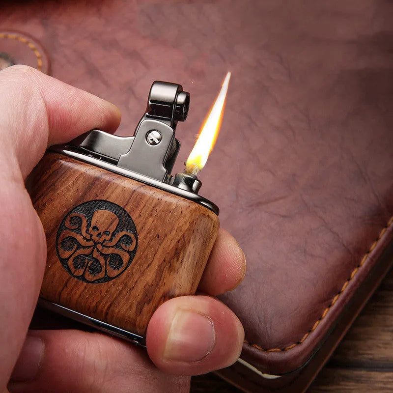 Wooden kerosene lighter retro old fashioned cotton oil lighter 53x50x20mm in ebony colour with gift box