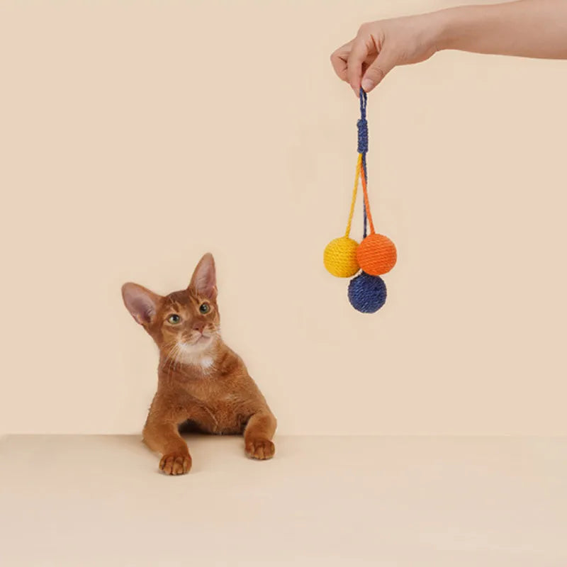 Cat toy set with blue and green teaser stick, red and yellow catnip balls, and a tumbling pet on a white background