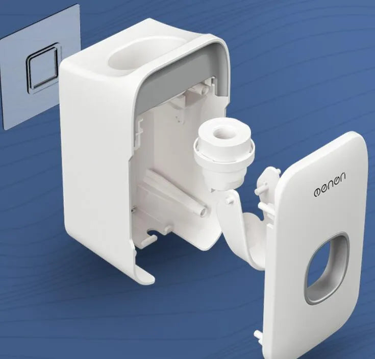 Automatic toothpaste dispenser wall mounted unit in blue, grey or pink colours with no-drip nozzle