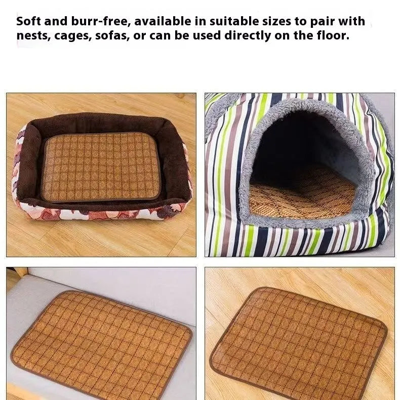 Brown rattan fibre summer cooling mat for dogs on a wooden floor.