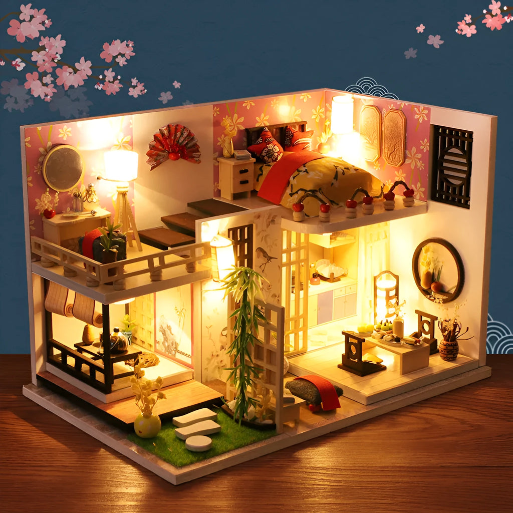 Wooden duplex loft villa model, battery powered small house toy, 30cm x 7cm x 16cm, Basic Style