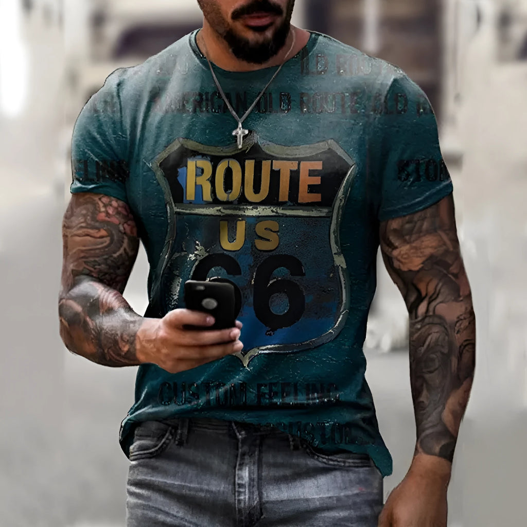 Oversize retro short sleeve polyester pullover top for men, straight tube cut, no collar, printed TX-66 series