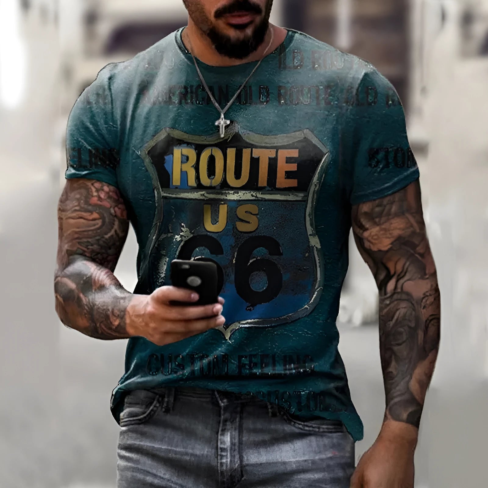 Oversize retro short sleeve polyester pullover top for men, straight tube cut, no collar, printed TX-66 series