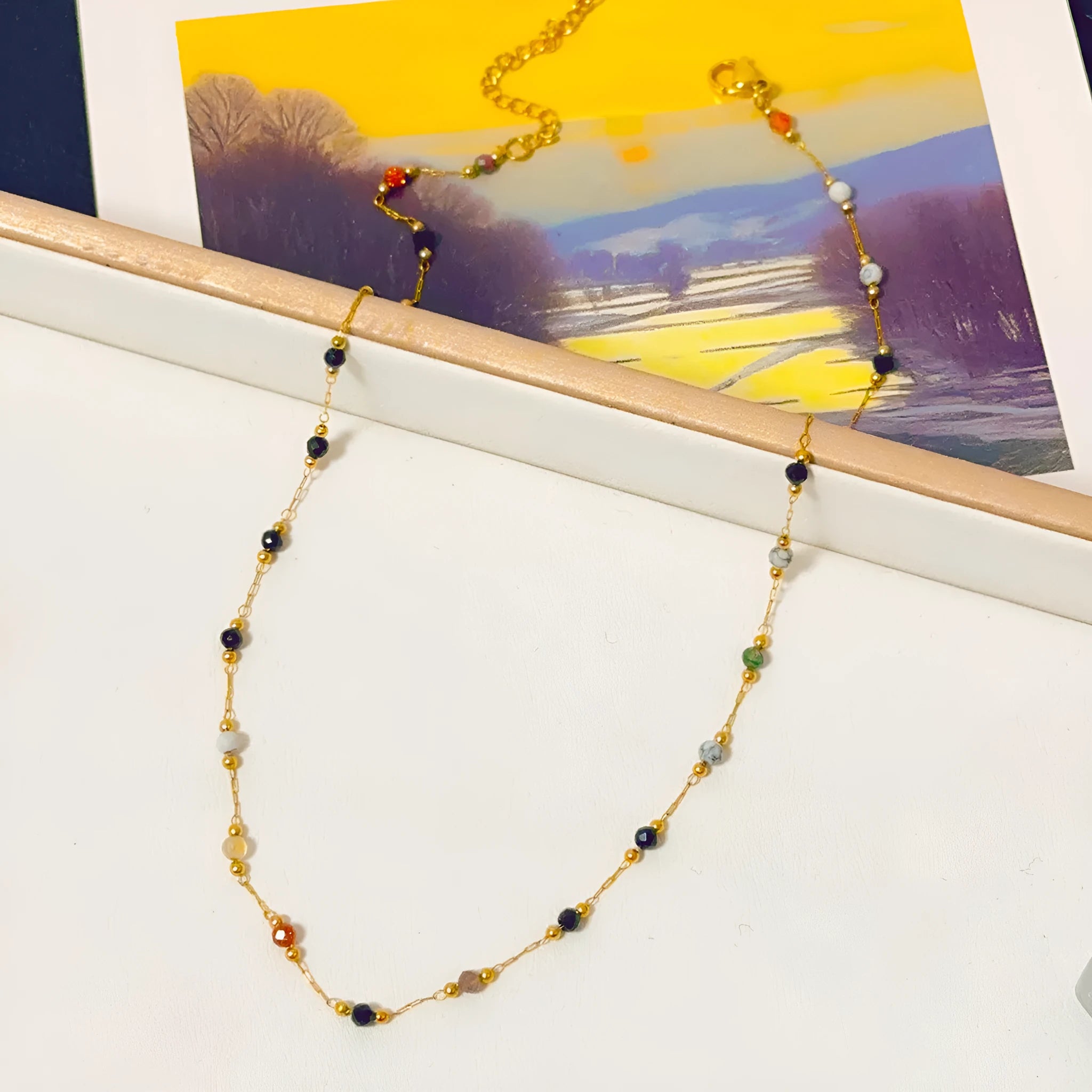 Gold-colour titanium steel women's necklace with natural stone pendant on O-ring chain