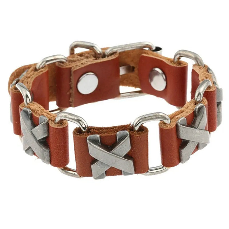 Handmade leather bracelet with retro geometric letter connection design in black colour option