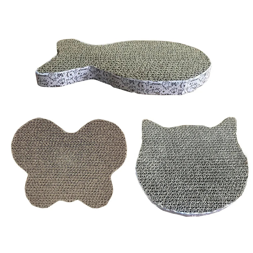 Corrugated paper cat scratcher toy in fish, butterfly and cat head shapes, each 2.5cm thick, for claw grinding.