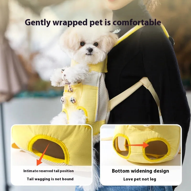 Cartoon cute chest bag pet carrier in canvas with colourful stitching patterns and adjustable sizing