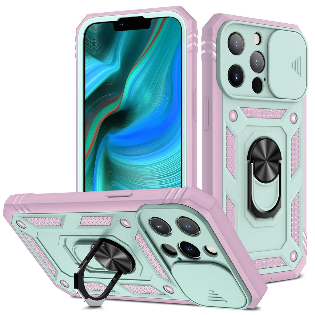 Magnetic iPhone case with a sliding window stand bracket open, shown in a two-tone colour.
