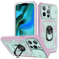 Magnetic iPhone case with a sliding window stand bracket open, shown in a two-tone colour.