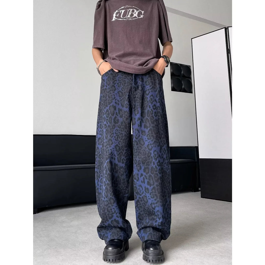 American Retro blue leopard print wide-leg cotton trousers for teenagers, loose straight cut with zipper fly
