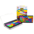 Colourful wooden toddler toy with stacking tower, sorting box, and rainbow shapes.
