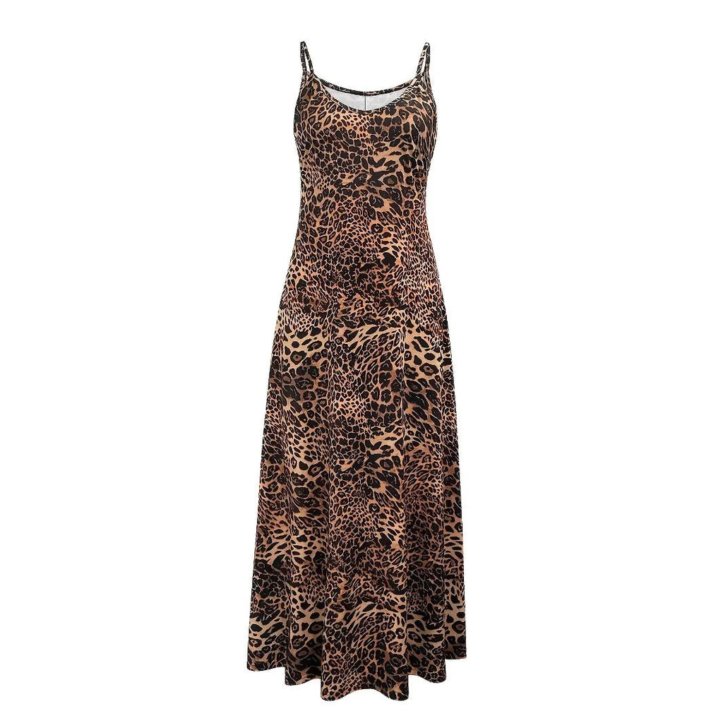 Dark brown leopard print hip skirt dress with sleeveless round neck and shoulder straps