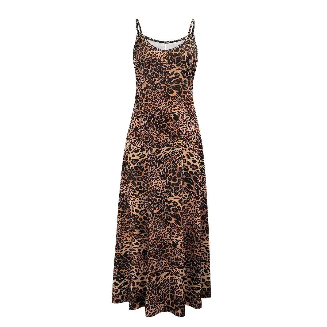 Dark brown leopard print hip skirt dress with sleeveless round neck and shoulder straps
