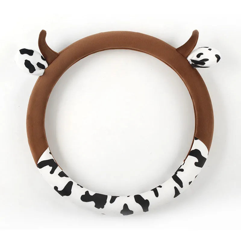 Short plush car steering wheel cover in black colour showing 38cm diameter measurement