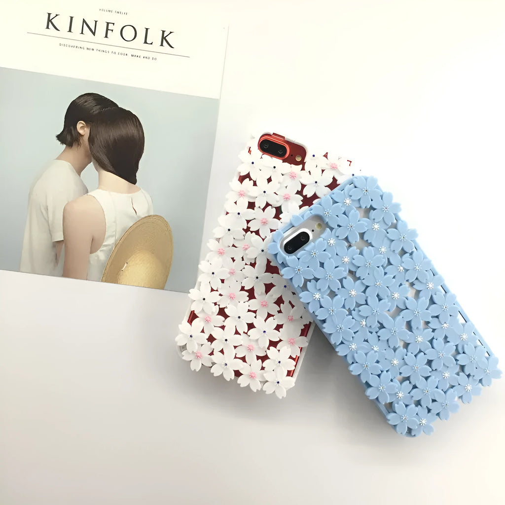 Blue silicone phone case with three-dimensional hollow flower openwork design for iPhone models