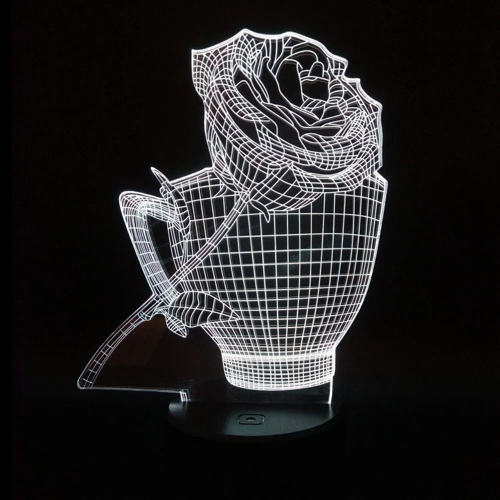 3D rose flower design night light showing colour change on acrylic panel with ABS base.