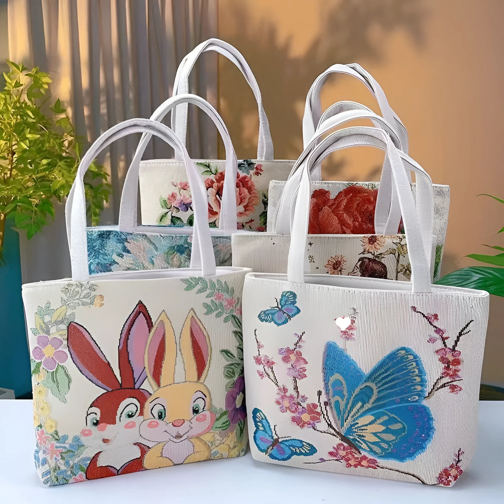 Double-sided gold wire embroidered medium canvas handbag with inner compartment