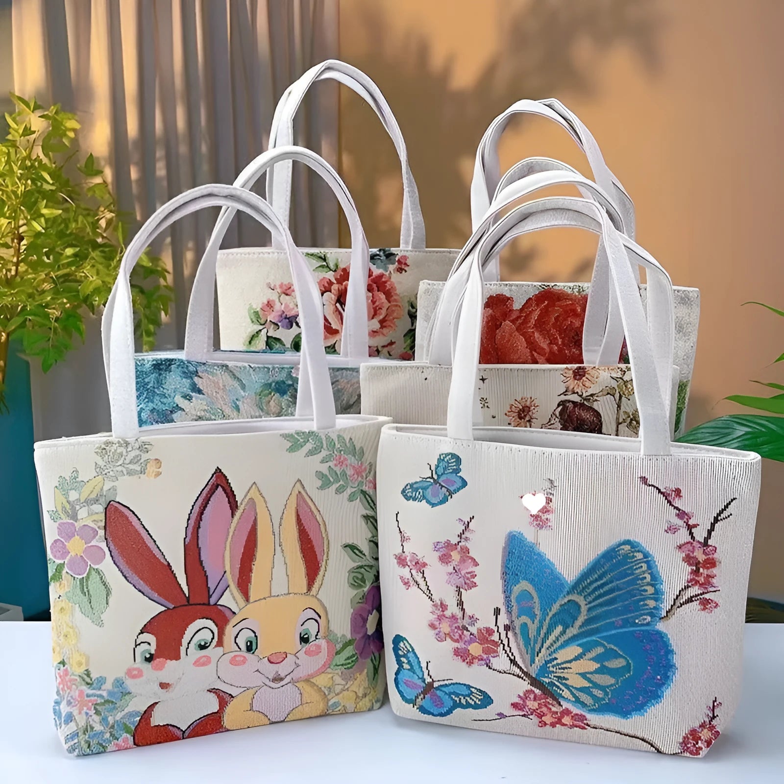 Double-sided gold wire embroidered medium canvas handbag with inner compartment
