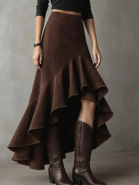 Brown women's maxi skirt with high-low hem and ruffle details in a Western leisure style.