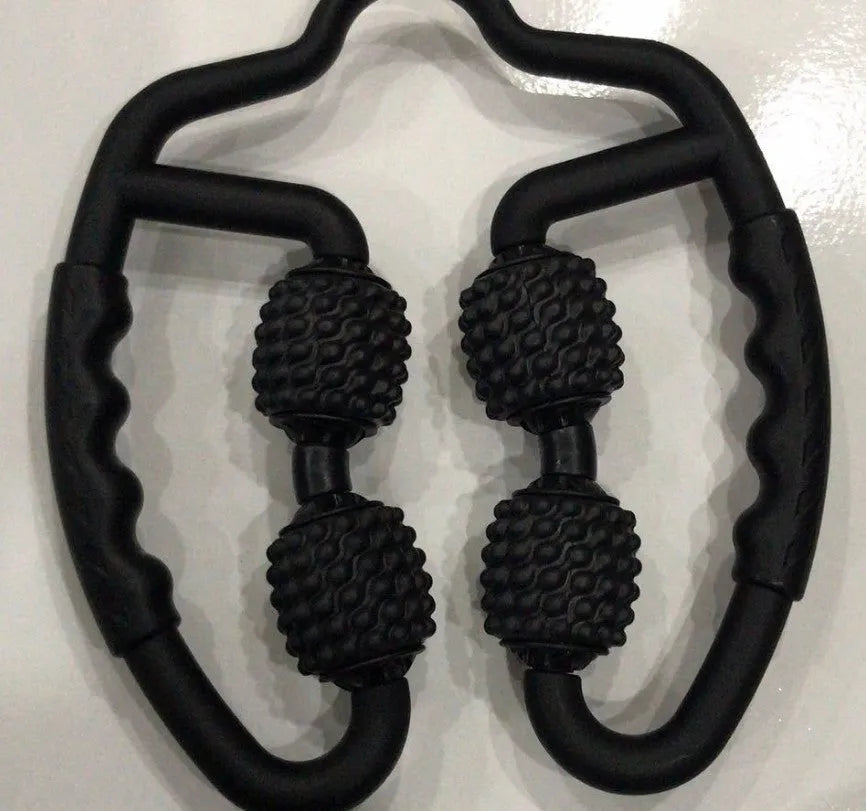 U shape trigger point massage roller for leg calf muscle recovery in black ABS plastic with four wheels