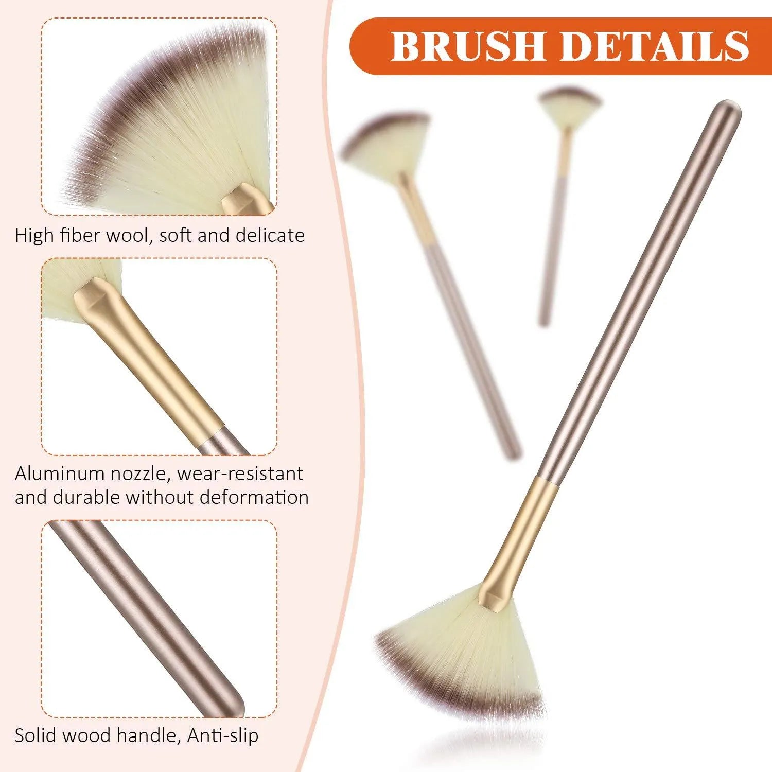 Ten champagne-coloured fan makeup brushes with soft fibre bristles and protective covers laid out.