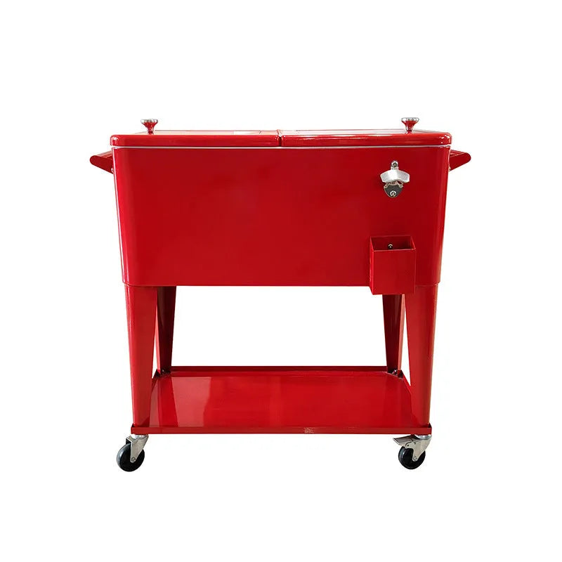 Red insulated metal trolley with wheels for outdoor food and drink transport