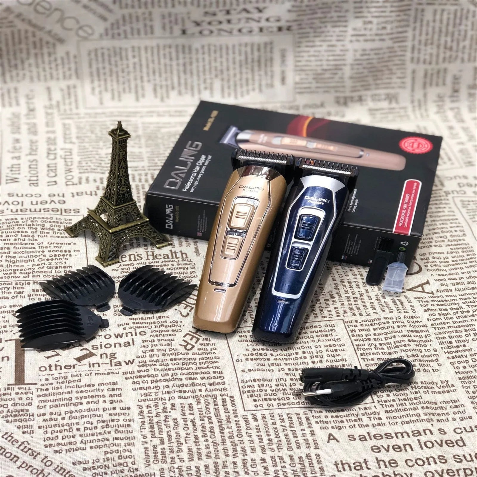 Dark blue rechargeable electric hair clipper with ceramic blades for home grooming