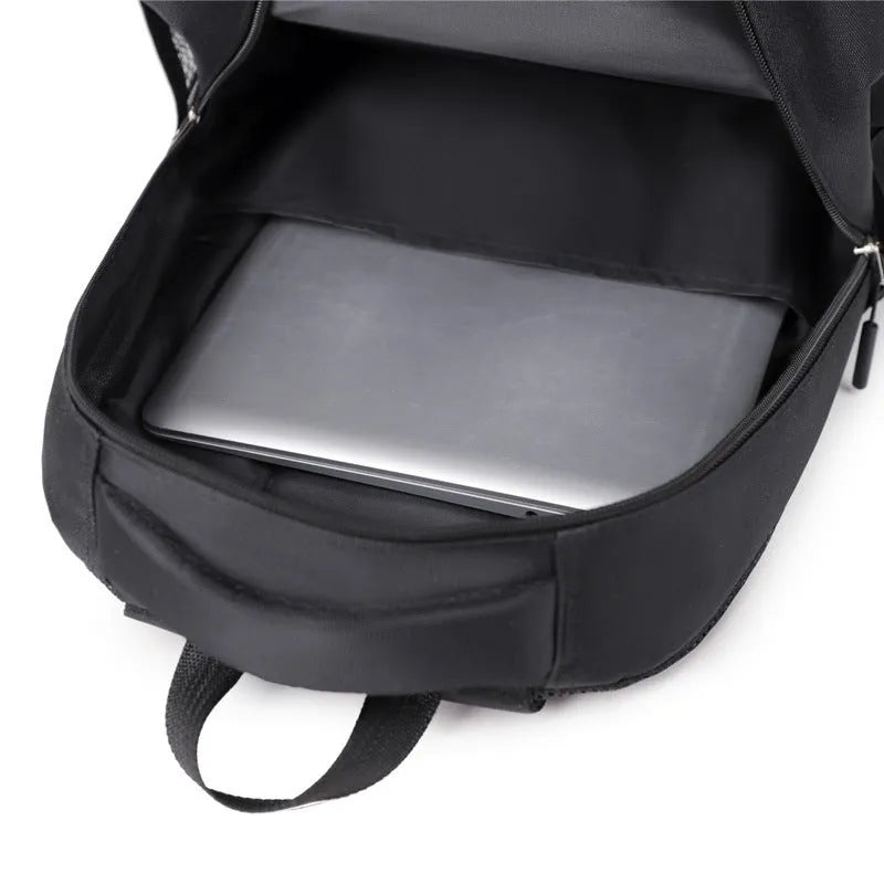 Men's casual Oxford cloth backpack shown in available colours: black, blue, gray, and green.