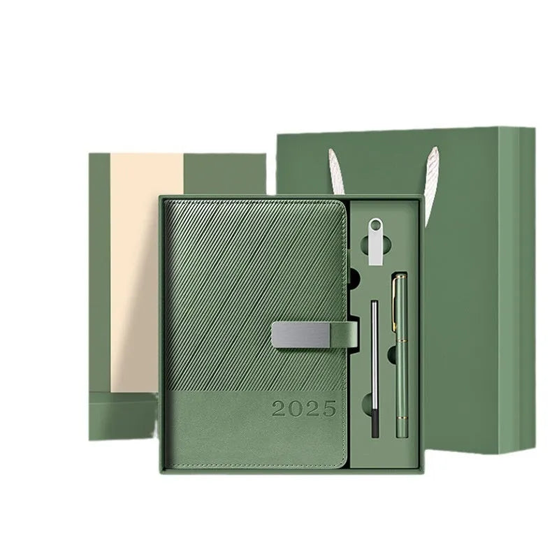A4 notepad with striped PU leather cover open on 80g paper, showing 408 pages.