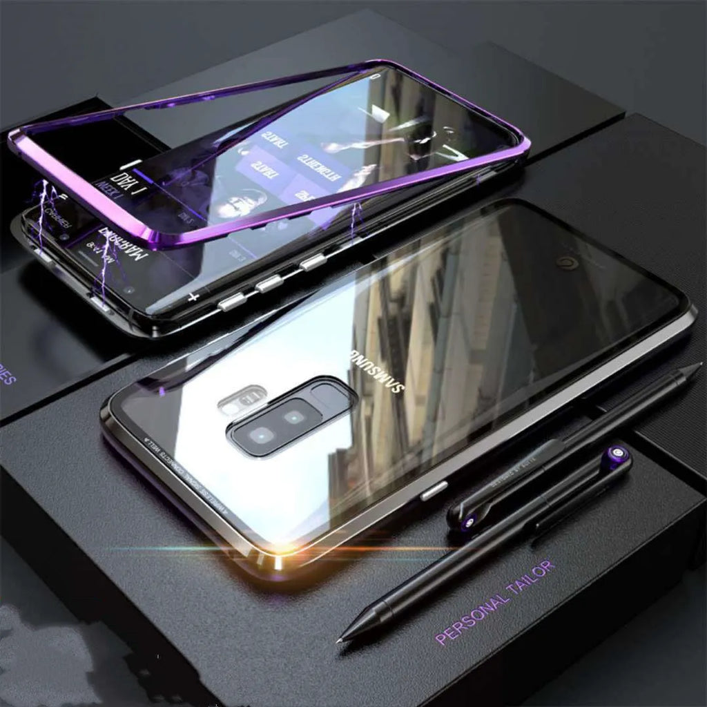 Magnetic anti-peeping Samsung phone case with clamshell design and double-sided glass construction