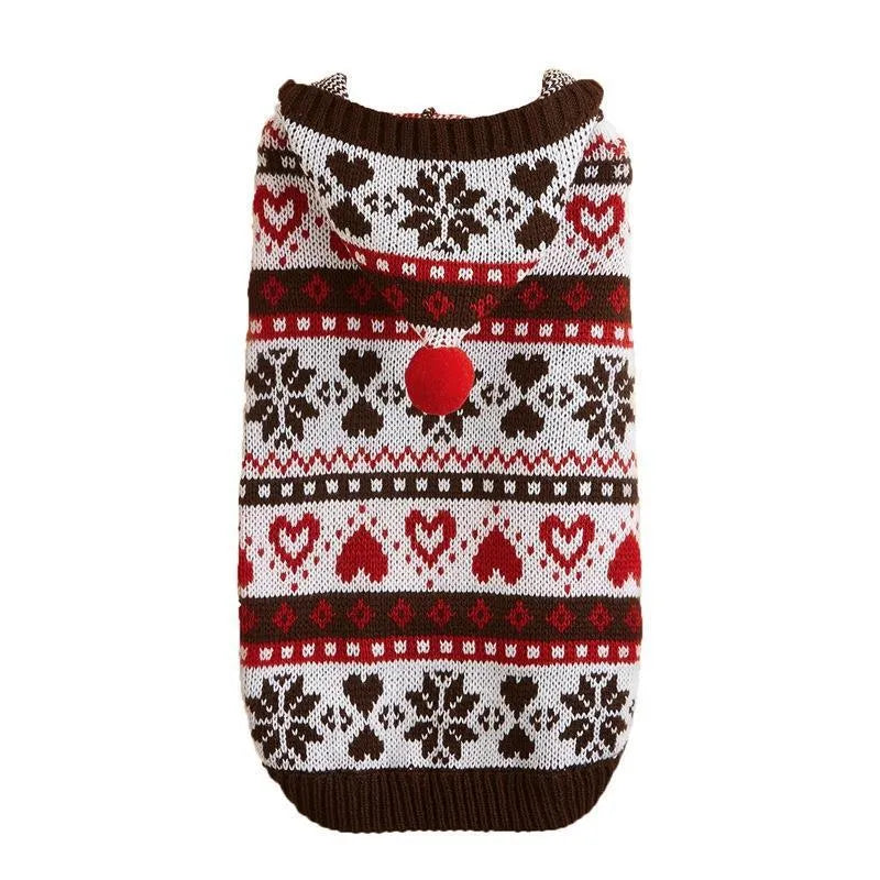 Acrylic knitted dog sweater with snowflake, love heart, and striped camouflage patterns in pink, blue, or grey colours