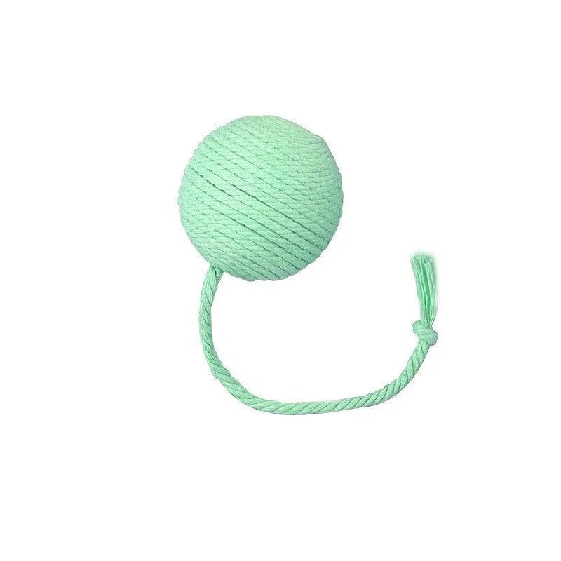 Colourful cat toy ball with attached rope, internal bell makes sound when rolled