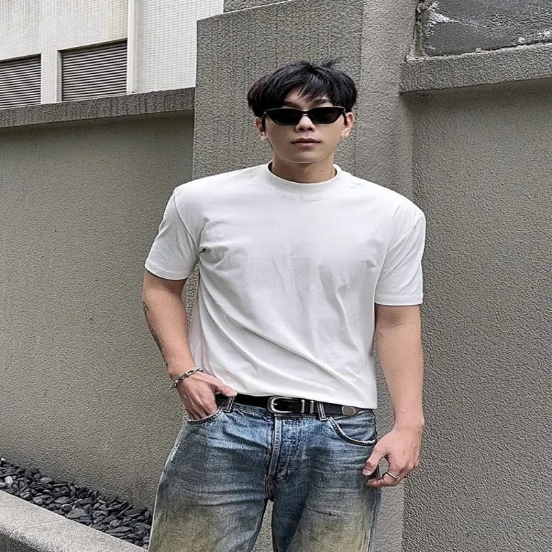 Men's cotton short sleeve t-shirt with half turtleneck drop shoulder loose fit in solid colour