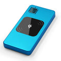 Silver portable power bank with LCD display showing battery percentage.
