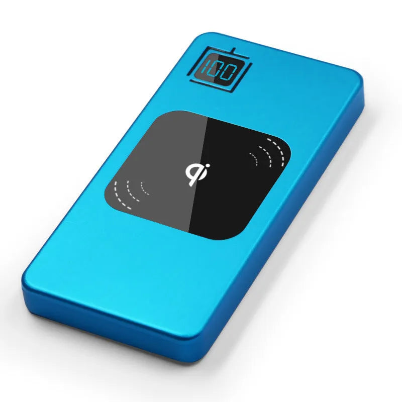 Silver portable power bank with LCD display showing battery percentage.