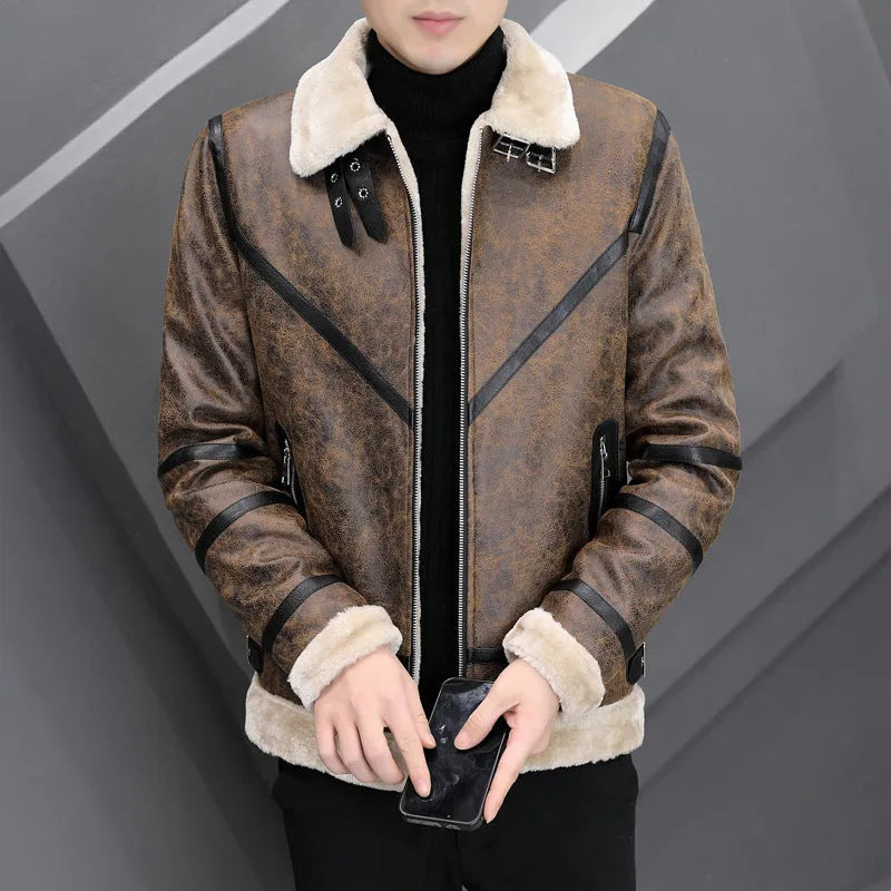 Men's faux leather coat with thick fur collar in grey, black or khaki, regular fit, sizes M to 3XL