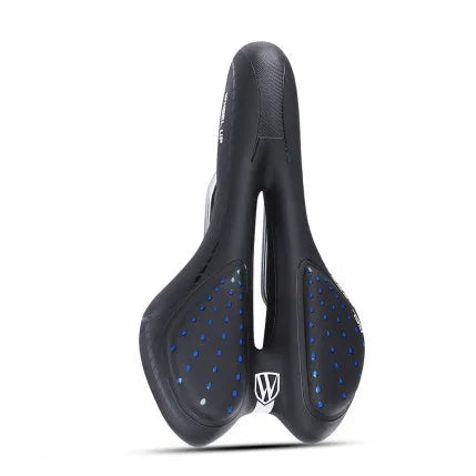 Black bike seat cushion with reflective spots, silicone padding, and PU leather cover, 14x28cm