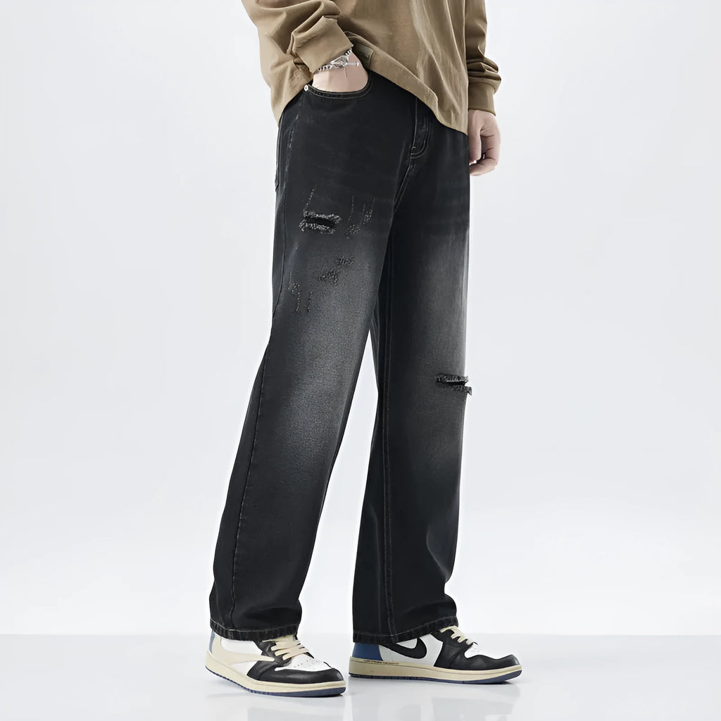 Men's hole vintage straight-leg distressed denim jeans in black grey, loose fit