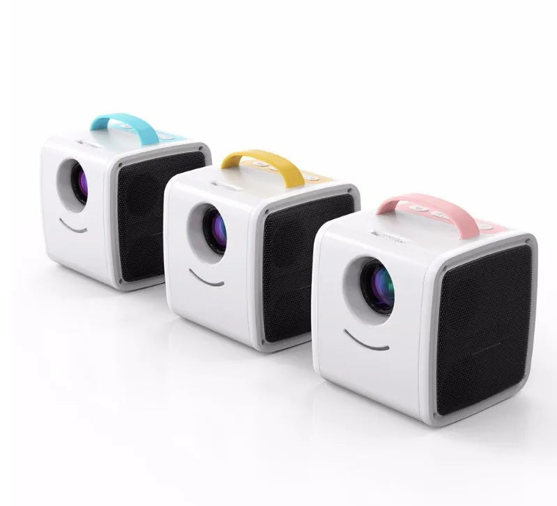 Blue US mini home theater projector showing a large projected image on a wall
