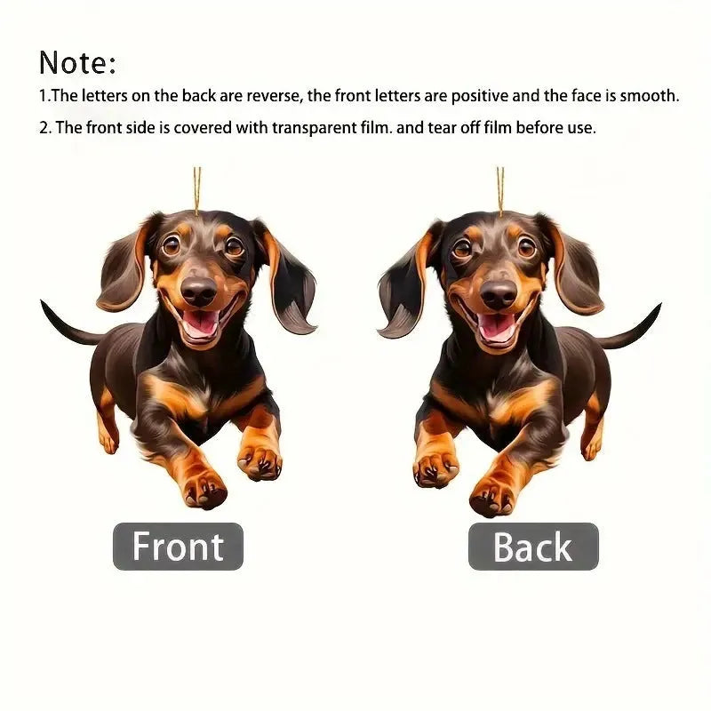 Flat acrylic car hanging ornament with cartoon dog design on white background