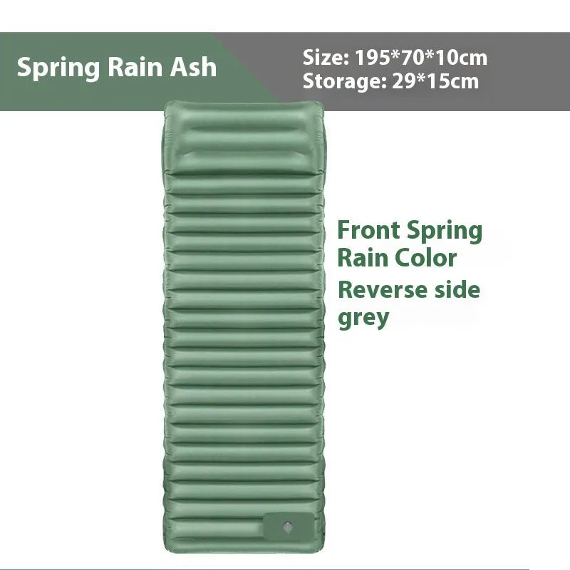 Portable inflatable camping mattress expanded to 195cm × 70cm × 10cm dimensions in desert gray colour