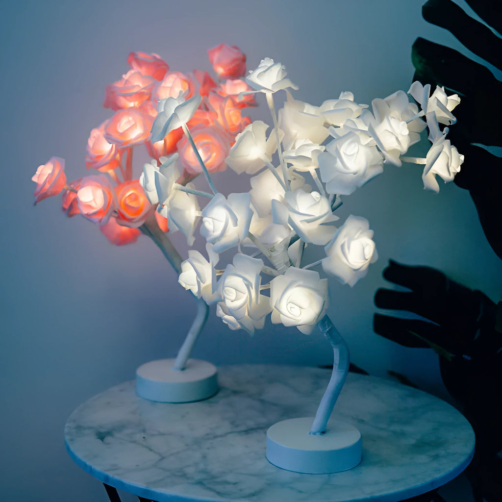 Rose flower LED table lamp with warm white glow on a flat surface, showing PE cotton flowers and bonsai tree shape