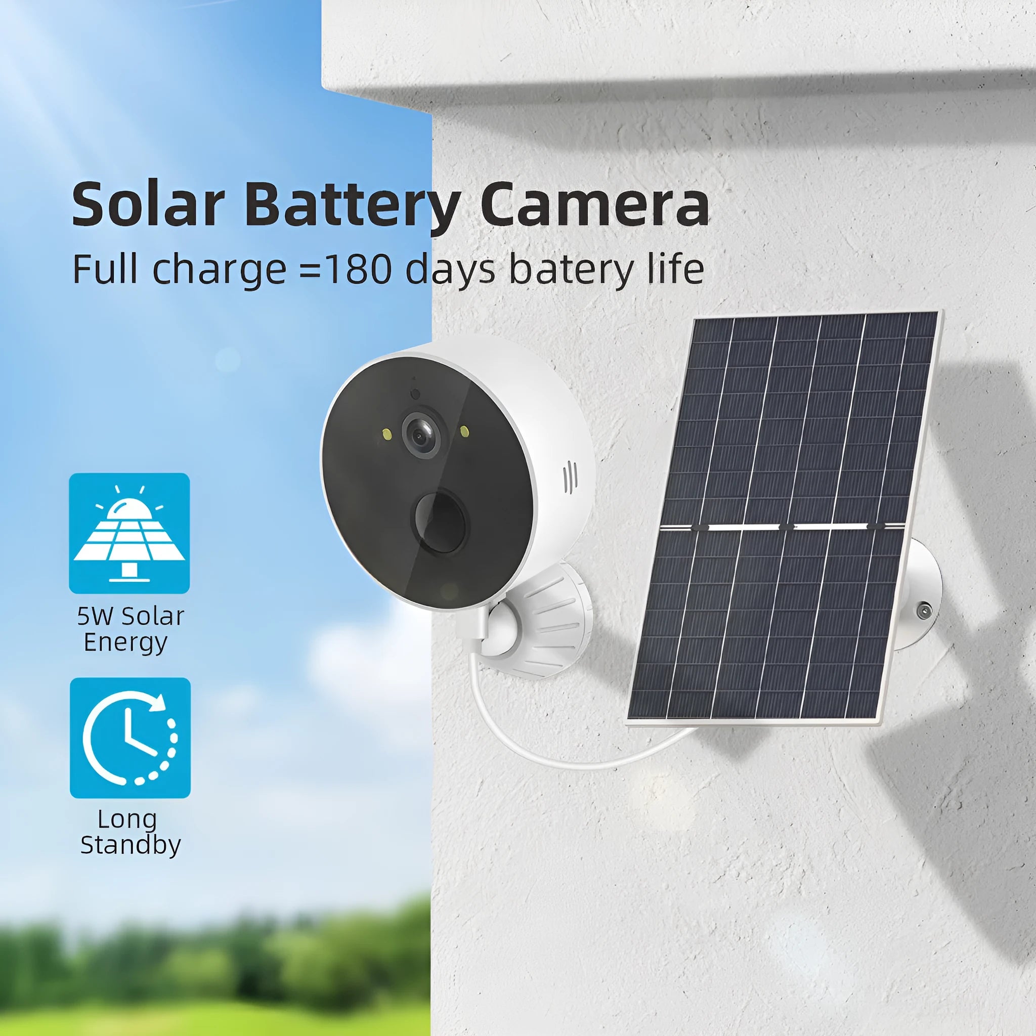 Solar-powered outdoor security camera with 1080P resolution and separate solar panel