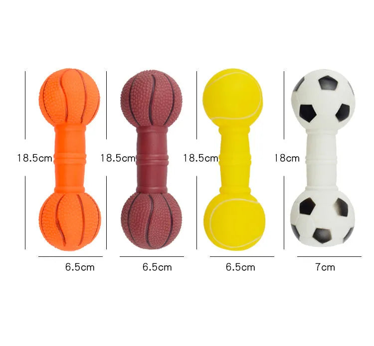 Non-toxic PVC squeaky dog chew toy shaped like a football and dumbbell in assorted colours.