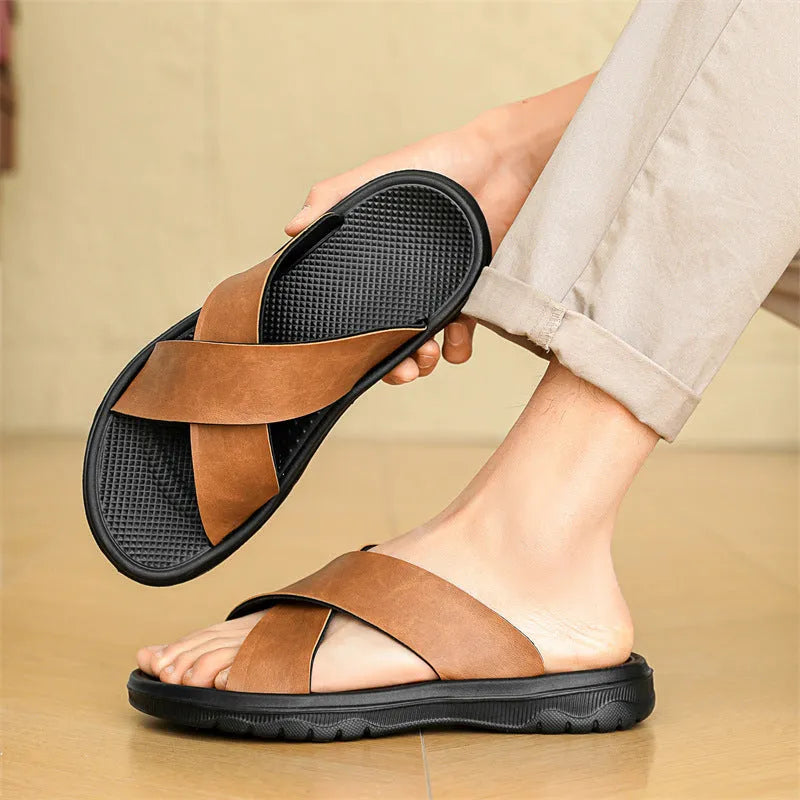 Men's leather cross beach slippers in black with double-sided leather upper and EVA sole