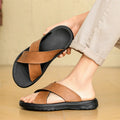 Men's leather cross beach slippers in black with double-sided leather upper and EVA sole